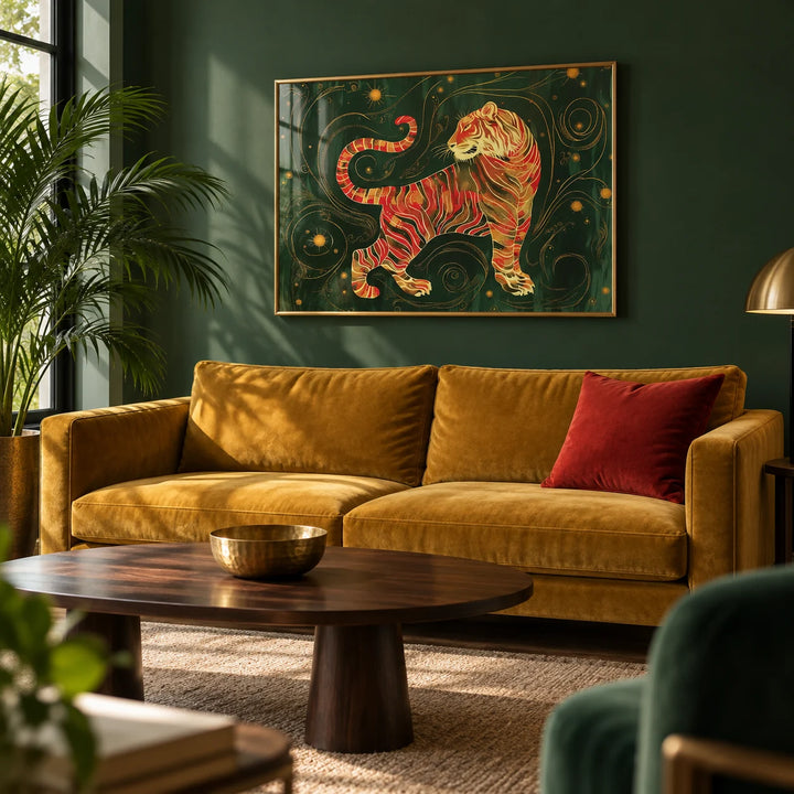Oriental Wall Art, framed on the wall of a rich modern living room with a deep forest green painted wall