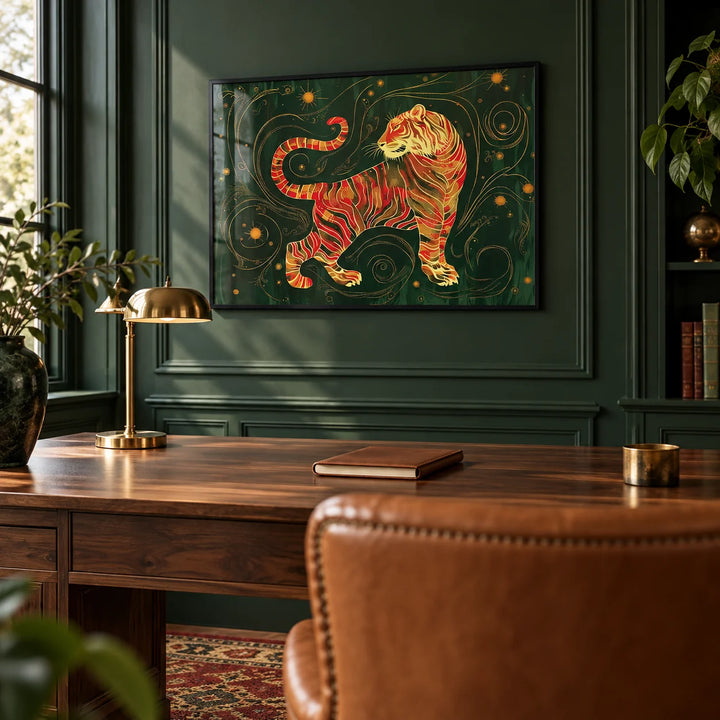 Oriental Wall Art, framed on the wall of a rich study with dark green painted panelling