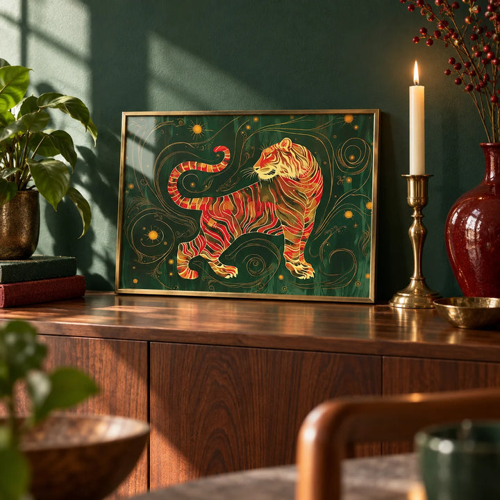 Oriental Wall Art, a small A4 framed print leaning on a walnut sideboard in a living room
