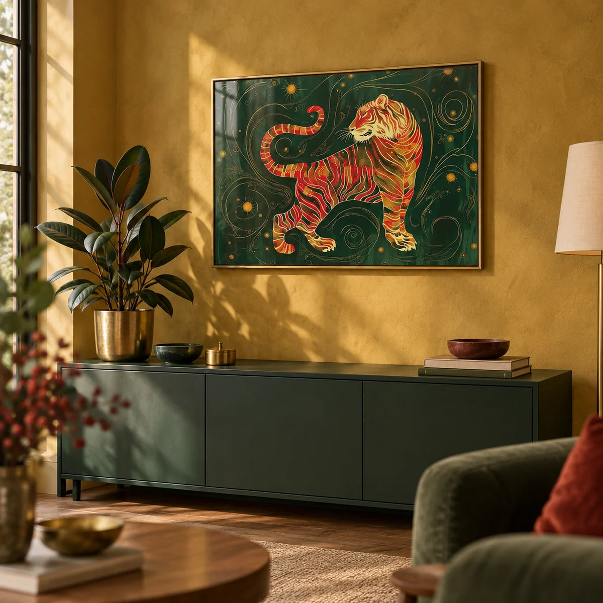 Oriental Wall Art, framed on the wall of a warm living room corner with a mustard limewashed wall