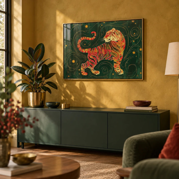 Oriental Wall Art, framed on the wall of a warm living room corner with a mustard limewashed wall