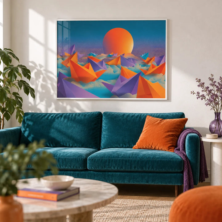 Origami Wall Art, framed on the wall of a bright modern living room with a white wall