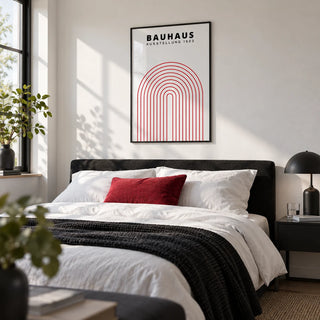 Original Bauhaus Poster, framed on the wall of a crisp modern bedroom with a white wall