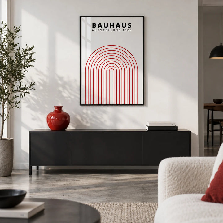 Original Bauhaus Poster, framed on the wall of a design-led city-flat living room with a white wall and polished concrete