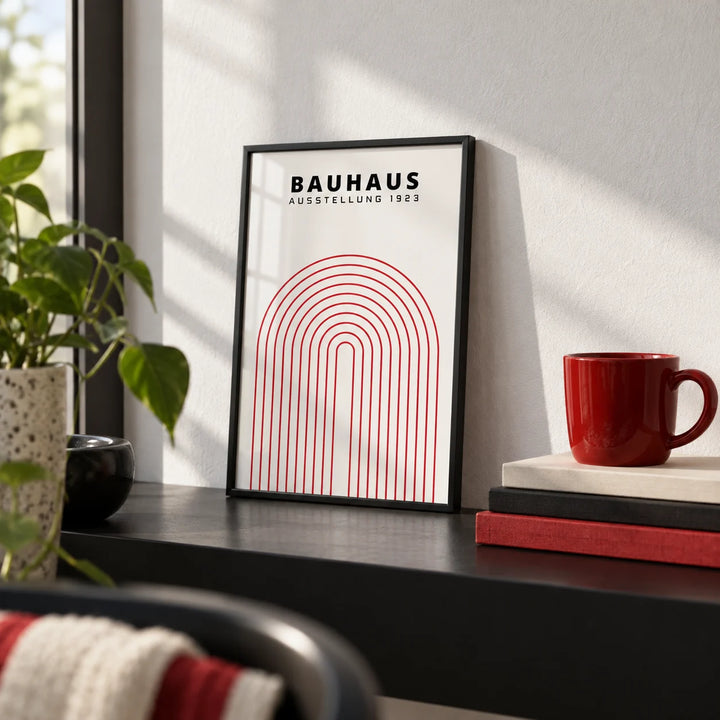 Original Bauhaus Poster, a small A4 framed print leaning on a black shelf in a living room