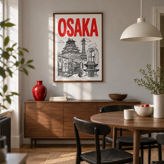 Osaka City Print, framed on the wall of a compact contemporary dining room in a renovated UK terrace with a pale grey wall