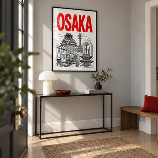 Osaka City Print, framed on the wall of a crisp entrance hallway in a UK apartment with a light grey wall and pale timber floor