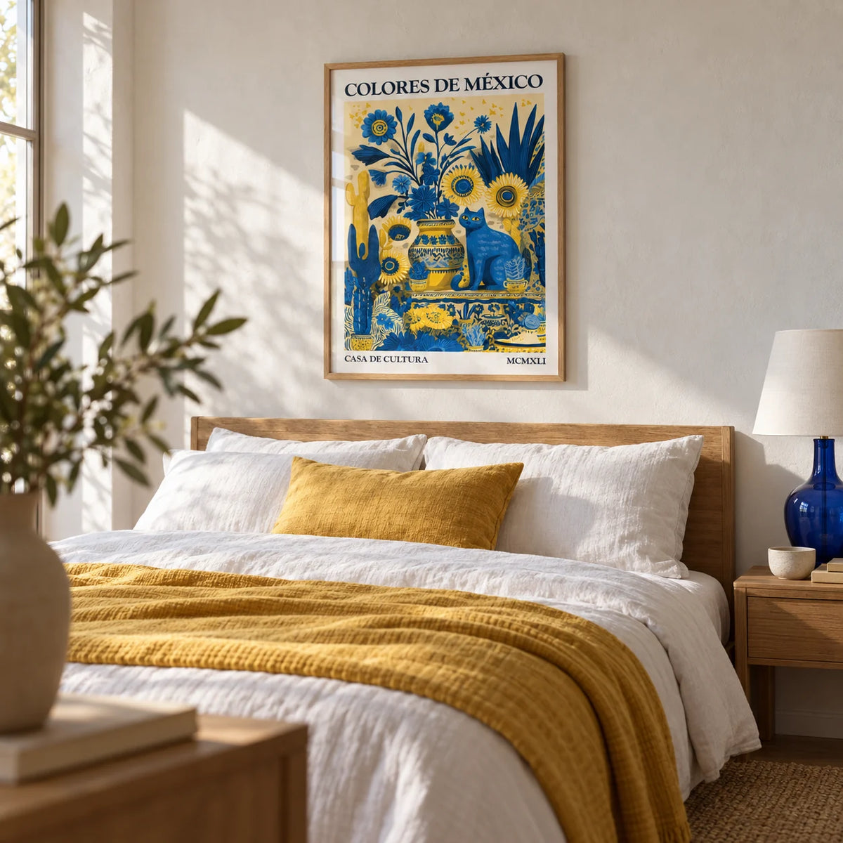 Otomi Wall Art, framed on the wall of a calm bedroom with plain limewashed white walls