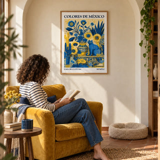 Otomi Wall Art, framed on the wall of a reading nook in an arched alcove with plain cream plaster walls in a living room