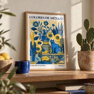 Otomi Wall Art, a small A4 framed print leaning on an oak shelf in a living room