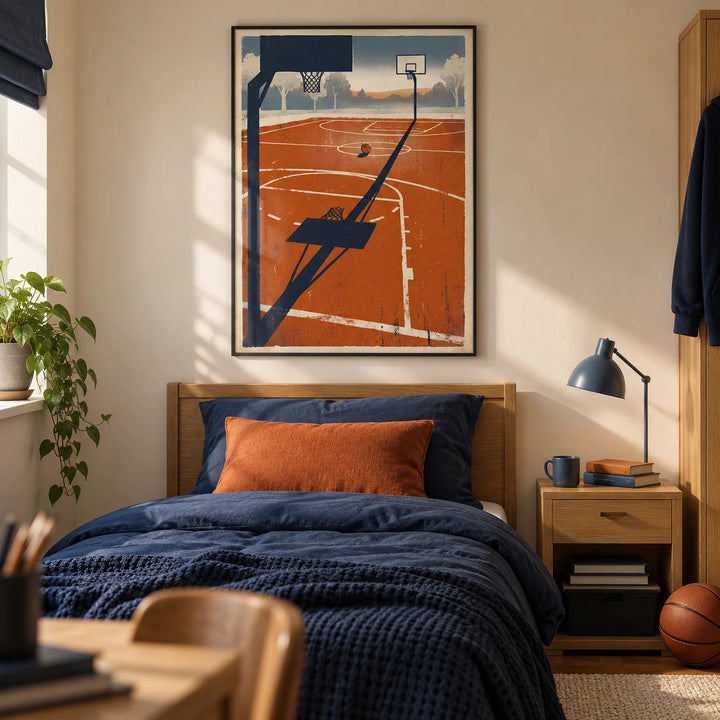 Outdoor Sports Wall Art, framed on the wall of a basketball-loving teenager's single bedroom (13-17) in a UK family home with a warm cream wall and simple oak furniture