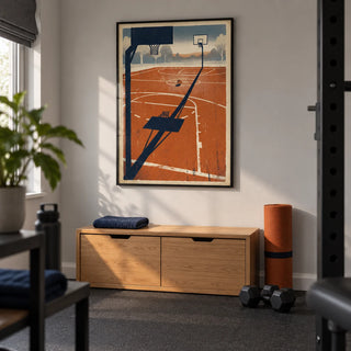 Outdoor Sports Wall Art, framed on the wall of a compact home gym in a converted UK spare room with a pale grey wall and plain dark rubber flooring