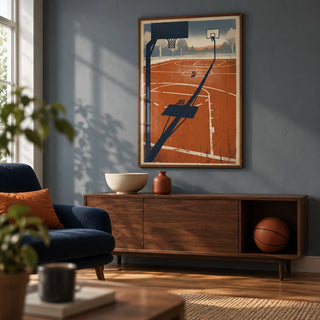 Outdoor Sports Wall Art, framed on the wall of a relaxed basketball fan's games den in a UK maisonette with a muted blue-grey wall and warm timber flooring in a living room
