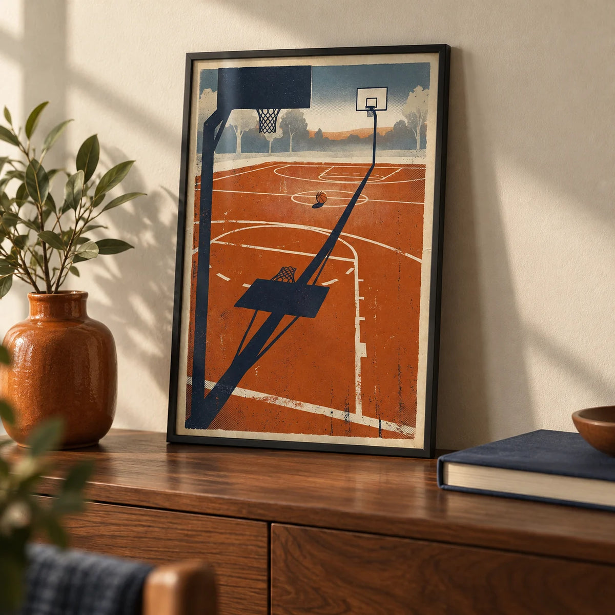 Outdoor Sports Wall Art, a small A4 framed print leaning on a walnut sideboard in a living room