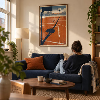 Outdoor Sports Wall Art, framed on the wall of a warm modern living room in a young adult's first UK flat (22-28)
