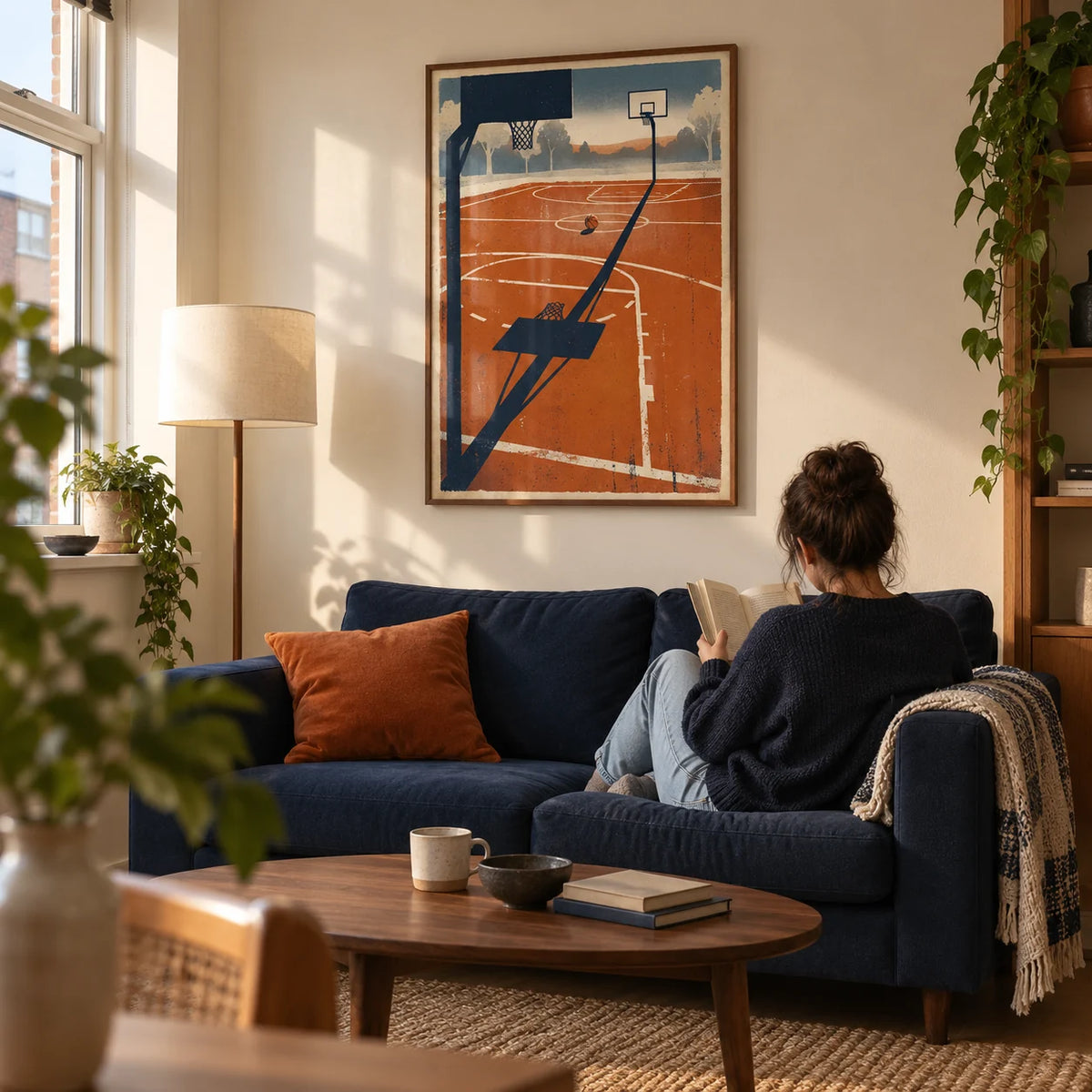 Outdoor Sports Wall Art, framed on the wall of a warm modern living room in a young adult's first UK flat (22-28)