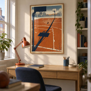 Outdoor Sports Wall Art, framed on the wall of a young basketball fan's home study in a UK terrace with cream walls and a simple navy desk chair