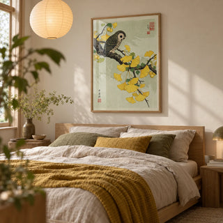 Owl and Ginkgo Print, framed on the wall of a calm bedroom