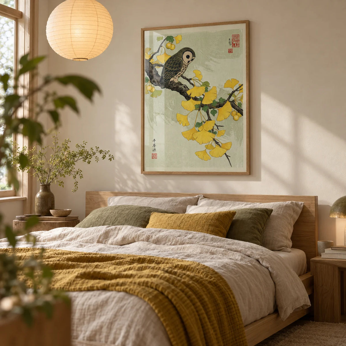 Owl and Ginkgo Print, framed on the wall of a calm bedroom