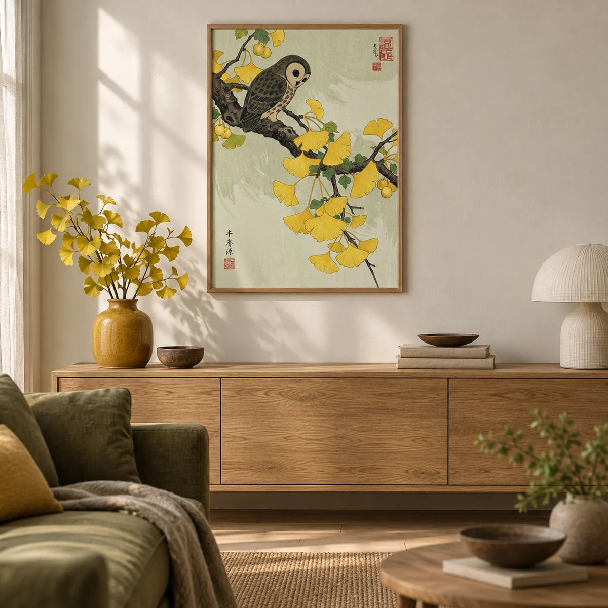 Owl and Ginkgo Print, framed on the wall of a calm Japandi living room