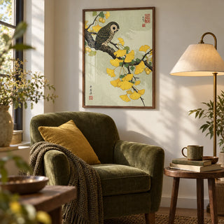 Owl and Ginkgo Print, framed on the wall of a cosy reading nook in a living room