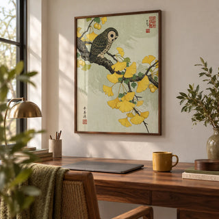 Owl and Ginkgo Print, framed on the wall of a quiet home office
