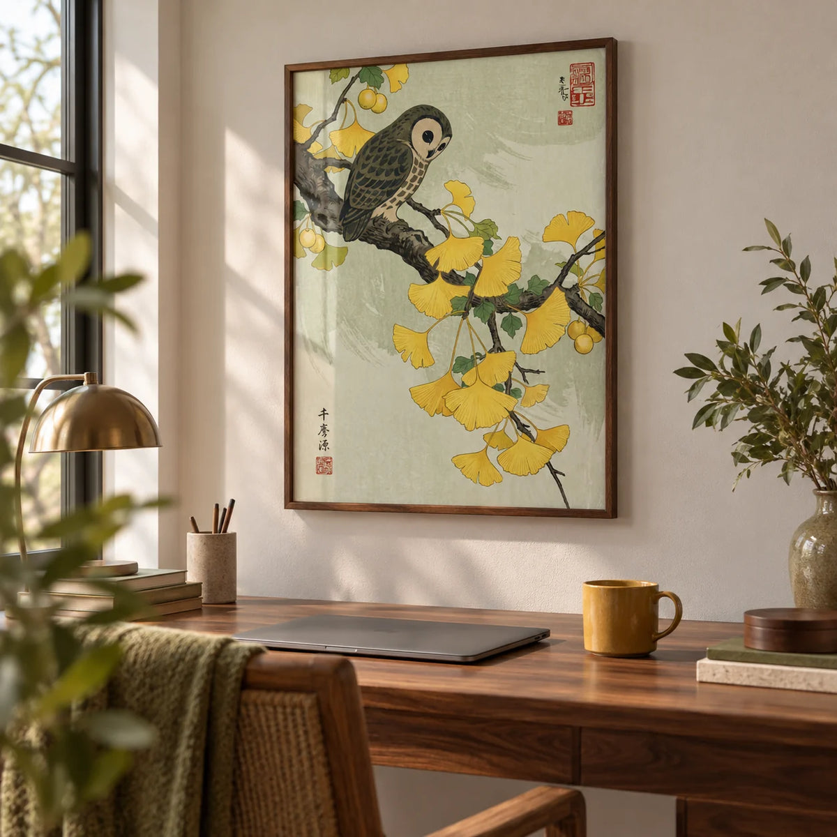 Owl and Ginkgo Print, framed on the wall of a quiet home office