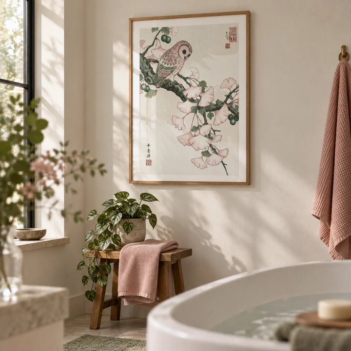 Owl Art Print, framed on the wall of a calm bathroom