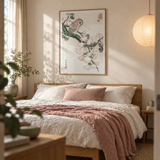 Owl Art Print, framed on the wall of a calm bedroom