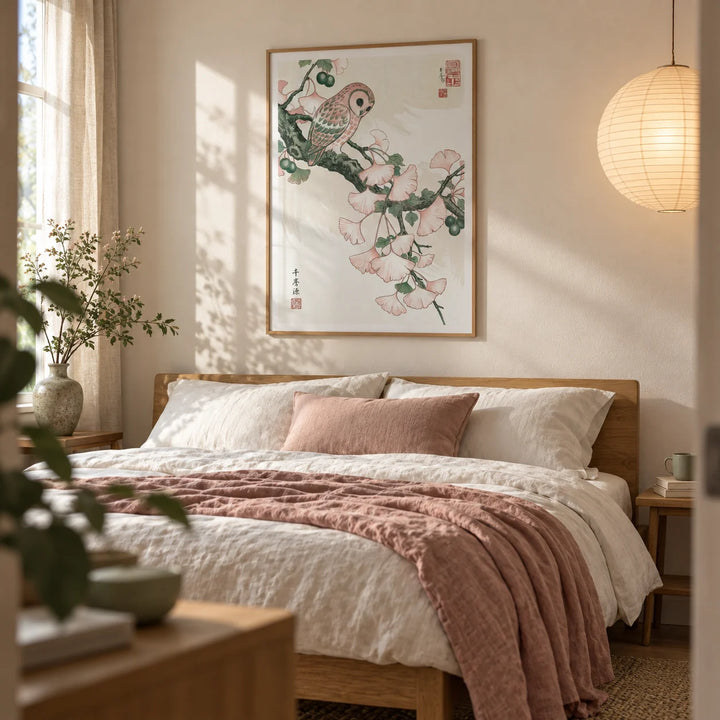 Owl Art Print, framed on the wall of a calm bedroom