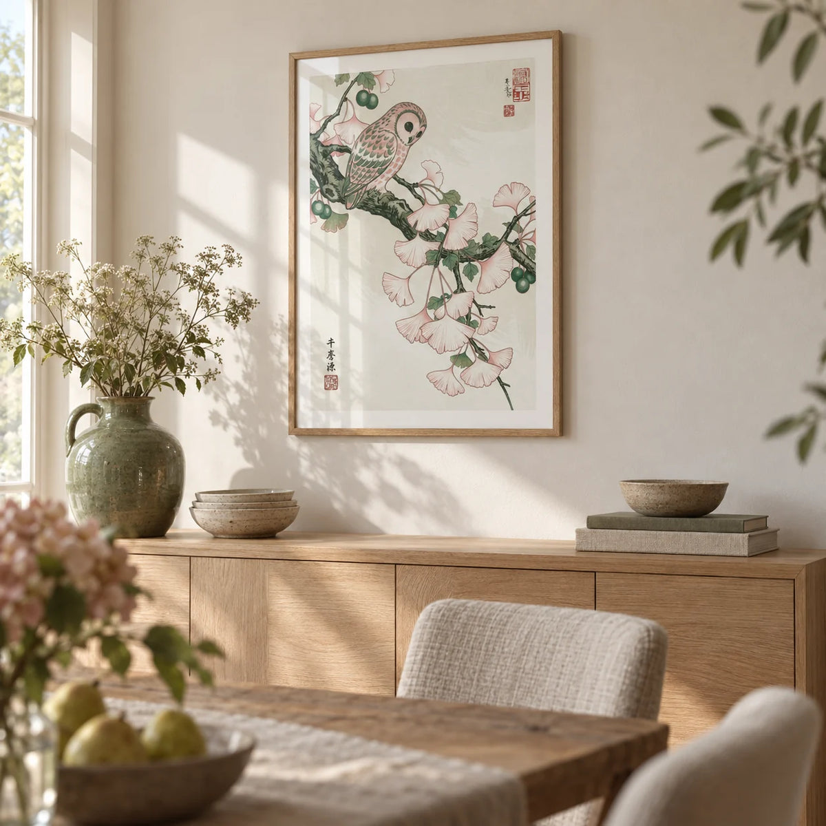 Owl Art Print, framed on the wall of a calm dining room
