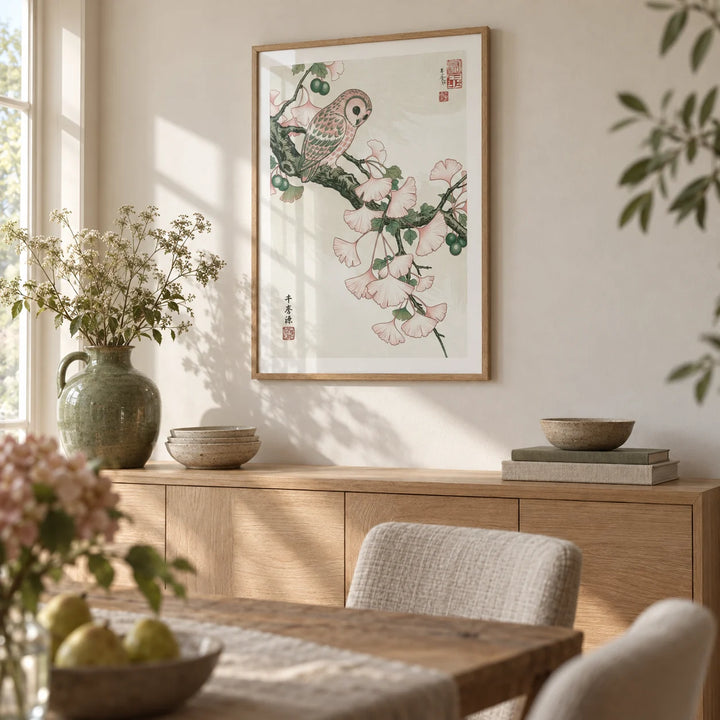 Owl Art Print, framed on the wall of a calm dining room