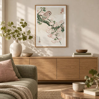 Owl Art Print, framed on the wall of a calm Japandi living room
