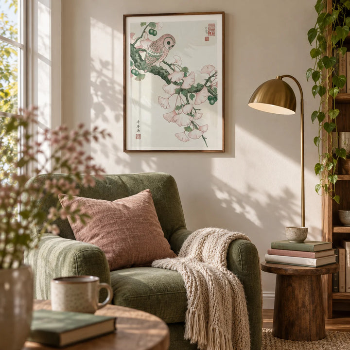 Owl Art Print, framed on the wall of a quiet reading nook in a living room