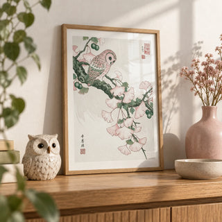 Owl Art Print, a small A4 framed print leaning on an oak shelf in a living room