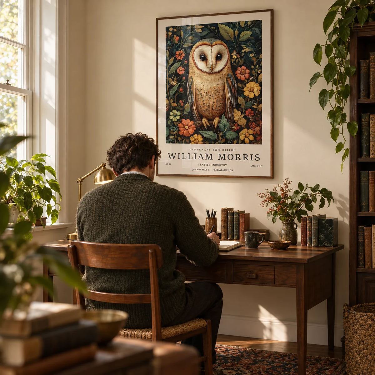 Owl Prints, framed on the wall of a characterful home study with a warm cream wall