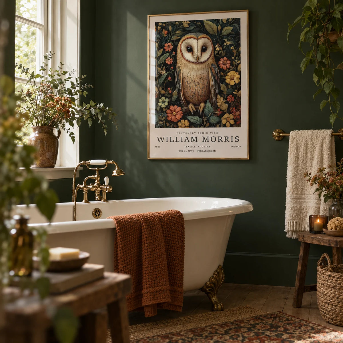 Owl Prints, framed on the wall of a cottage bathroom with a forest green painted wall and a white roll-top bath