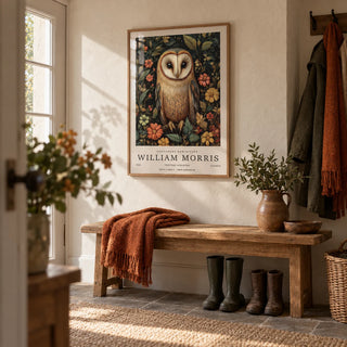 Owl Prints, framed on the wall of a country boot room hallway with a cream limewashed wall