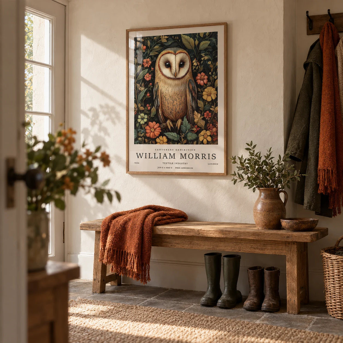 Owl Prints, framed on the wall of a country boot room hallway with a cream limewashed wall