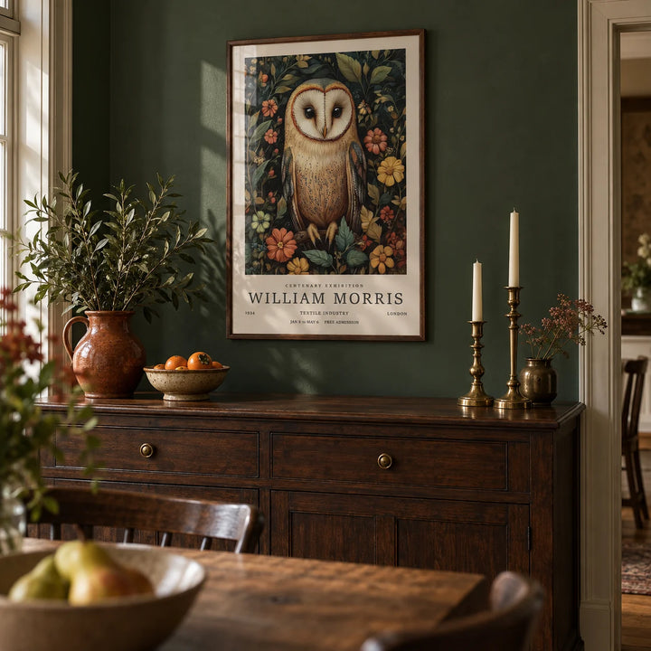 Owl Prints, framed on the wall of a country dining room with a dark green wall