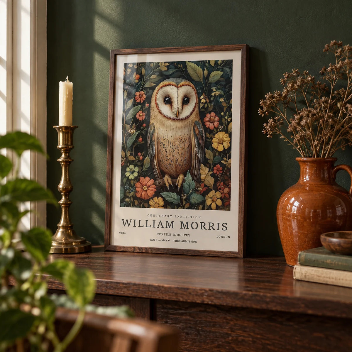 Owl Prints, a small A4 framed print leaning on a dark wood shelf in a living room