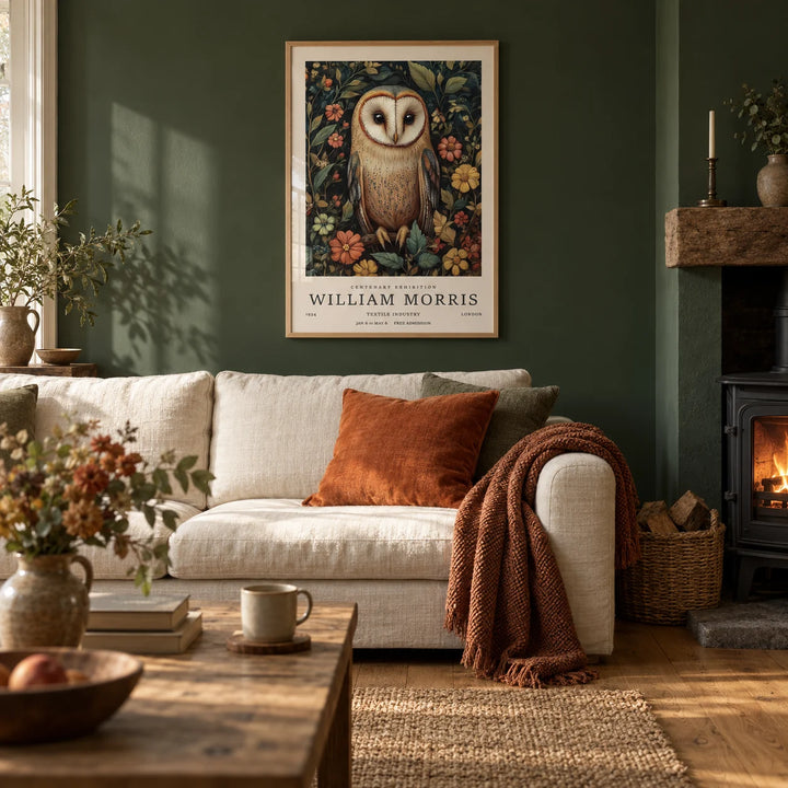 Owl Prints, framed on the wall of a warm cottage living room with a forest green painted wall and an oak floor