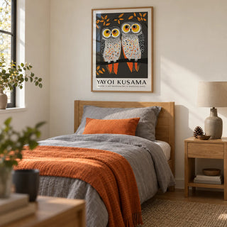 Owl Wall Art, framed on the wall of a calm single guest bedroom with a pale cream wall