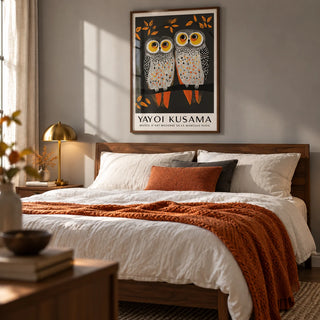 Owl Wall Art, framed on the wall of a cosy bedroom with a soft grey wall