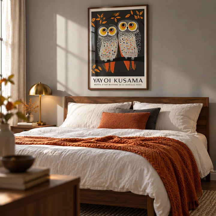 Owl Wall Art, framed on the wall of a cosy bedroom with a soft grey wall