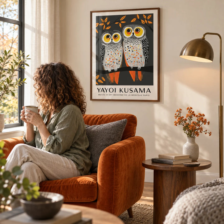 Owl Wall Art, framed on the wall of a cosy reading nook with a cream wall in a living room