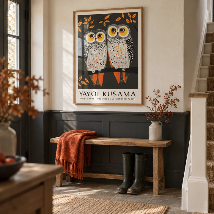 Owl Wall Art, framed on the wall of a country hallway with a charcoal lower wall and a cream upper wall
