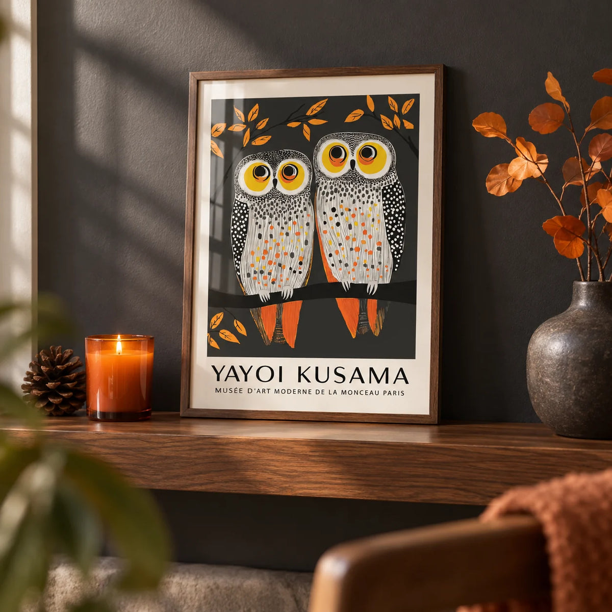 Owl Wall Art, a small A4 framed print leaning on a walnut shelf in a living room