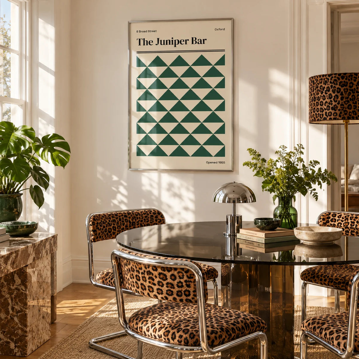 Oxford Print, framed on the wall of a bright white dining room in strong afternoon sun