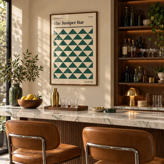 Oxford Print, framed on the wall of a stylish home bar in a living room
